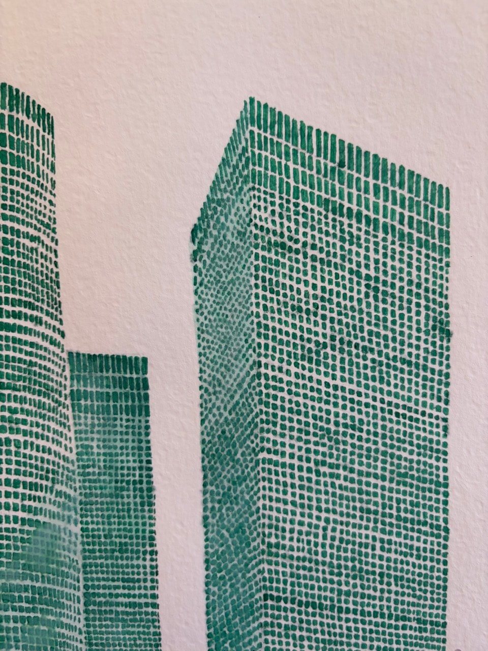 Detailed close-up of the Azrieli Towers painting with hand-drawn skyline forms, ink texture, and refined urban composition.