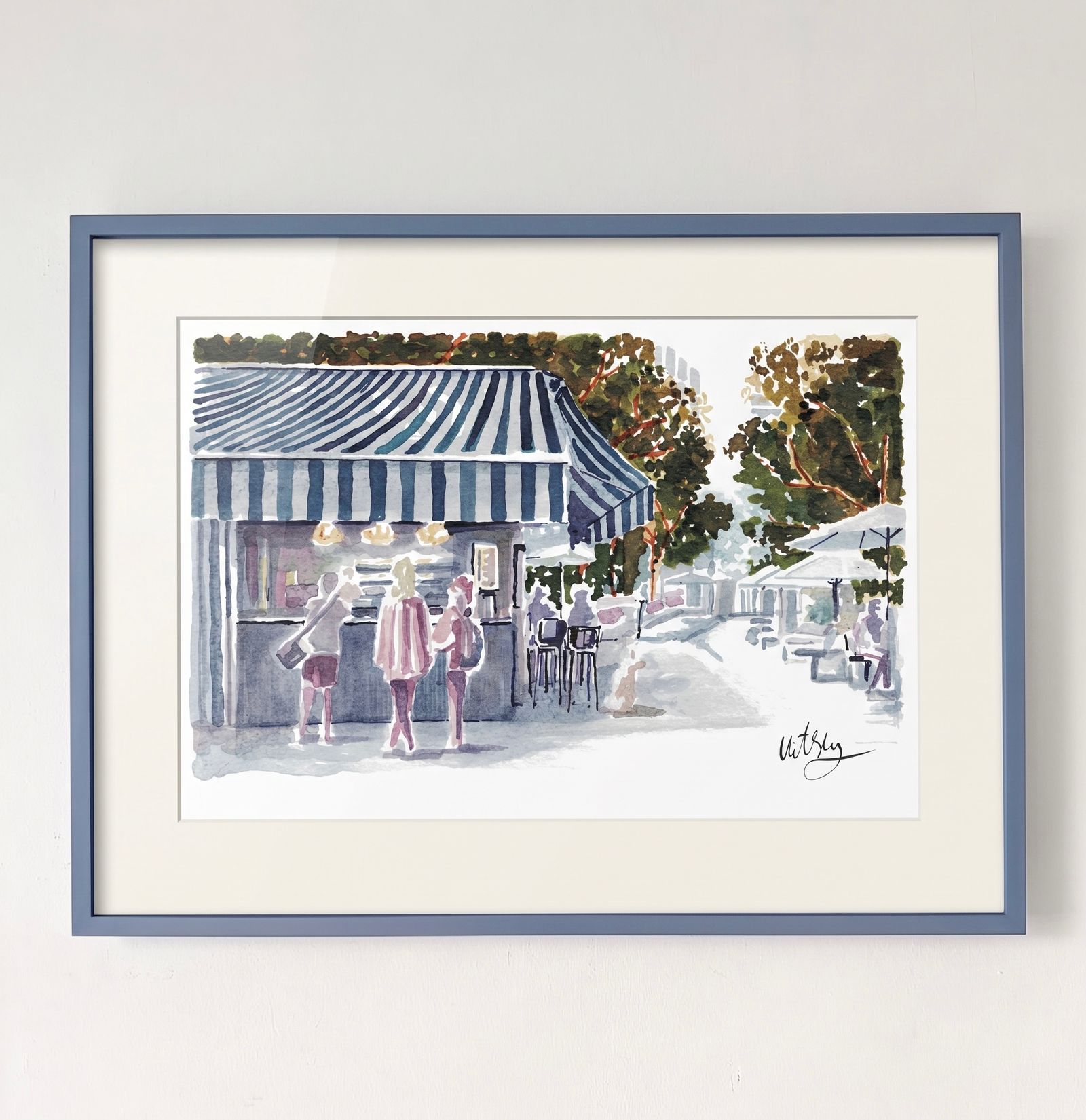 An original Israeli wall art featuring a busy street cafe