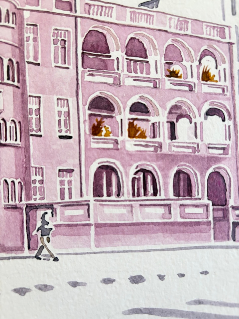 Close-up of the original Tel Aviv artwork showing ink linework, layered architecture, paper texture, and urban building details.