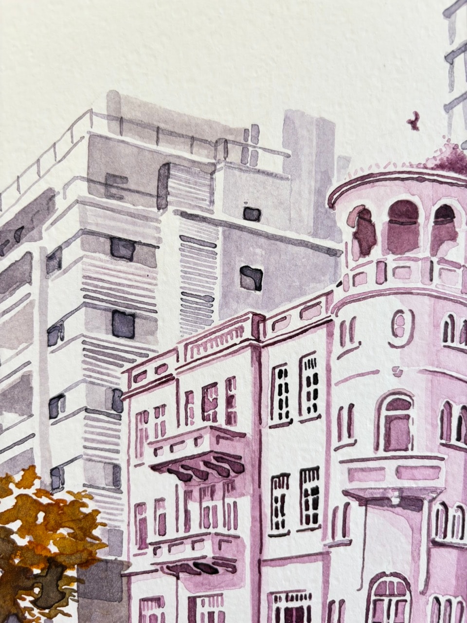 Detailed close-up of the eclectic Tel Aviv painting with hand-drawn facades, skyscraper lines, classical hotel details, and ink texture.