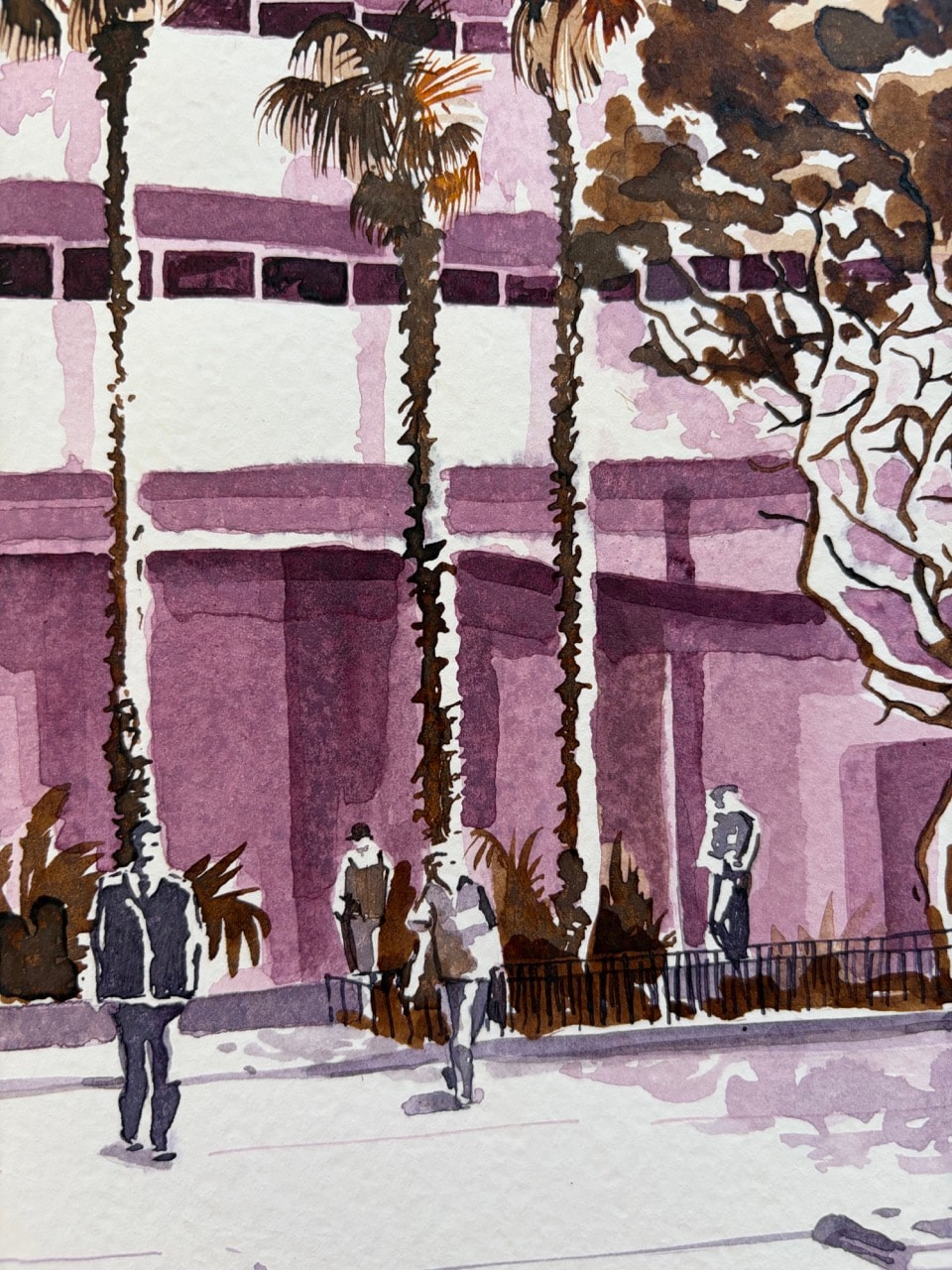 Close-up of the Asia House original ink painting showing purple, green, and brown ink detail, paper texture, and architectural linework.
