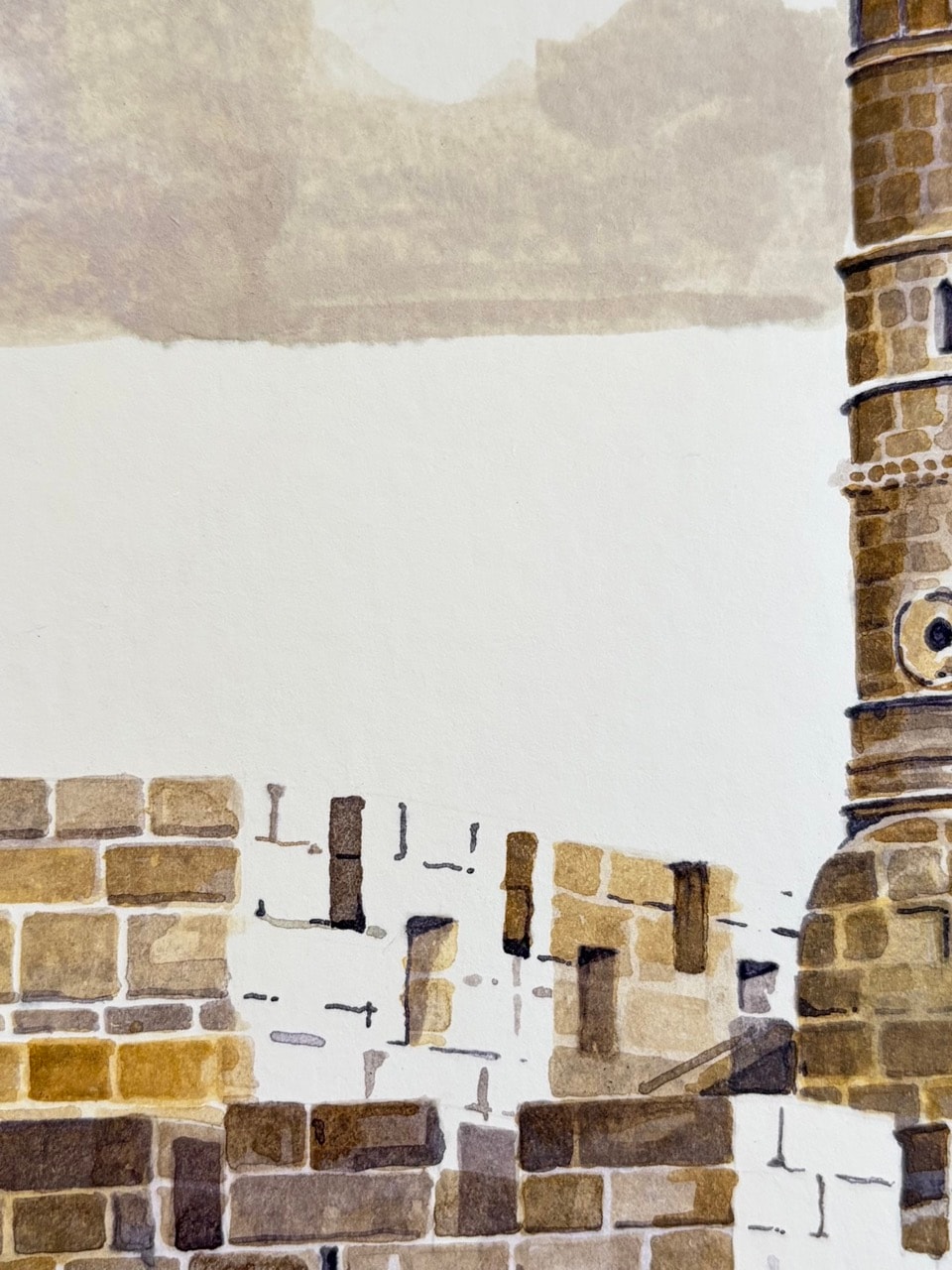 Detailed close-up of the Jerusalem painting with hand-drawn Tower of David architecture, ink texture, and ancient stone forms.