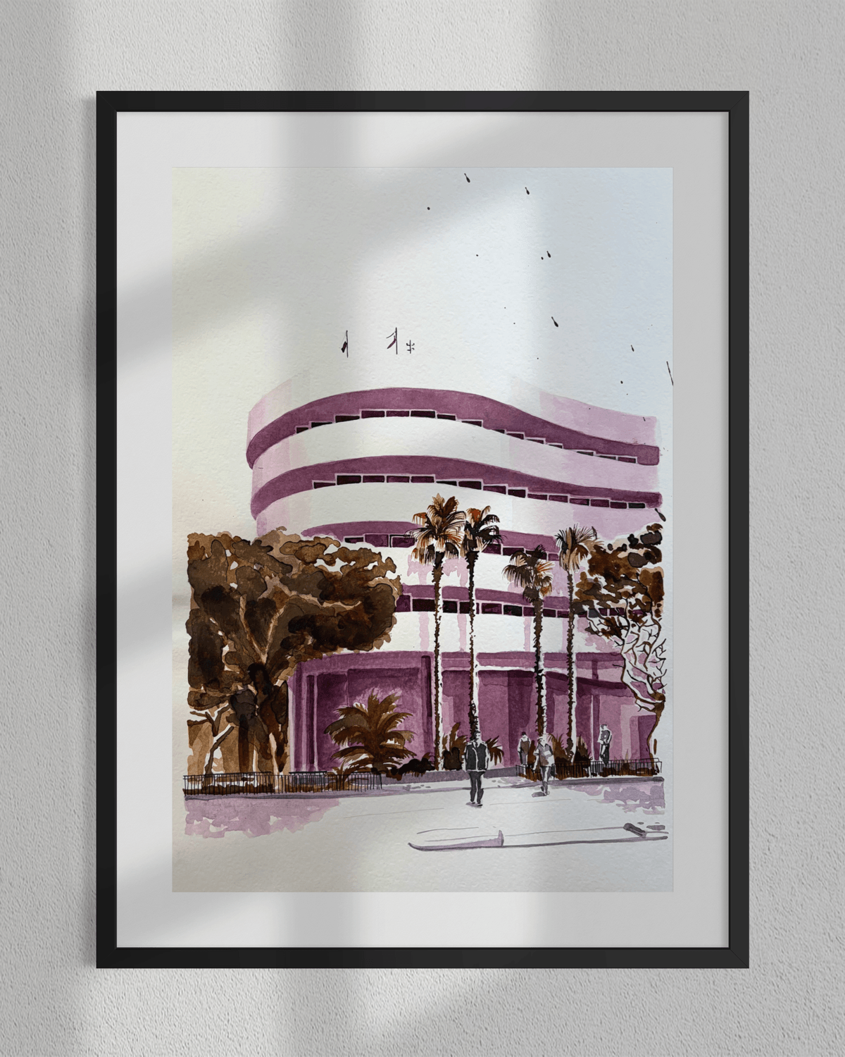 Original Asia House ink painting from Tel Aviv, featuring Bauhaus architecture in purple, green, and brown tones.