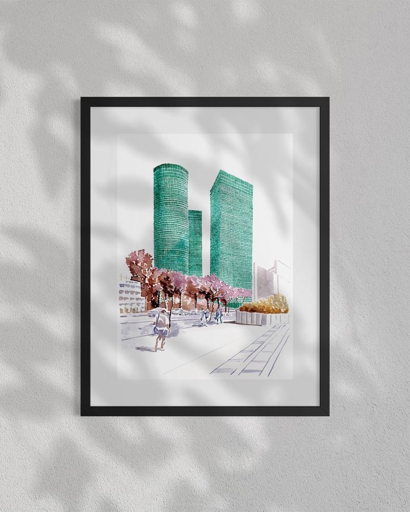 Original Azrieli Towers ink painting framed in natural light, featuring Tel Aviv skyline architecture and modern urban forms.