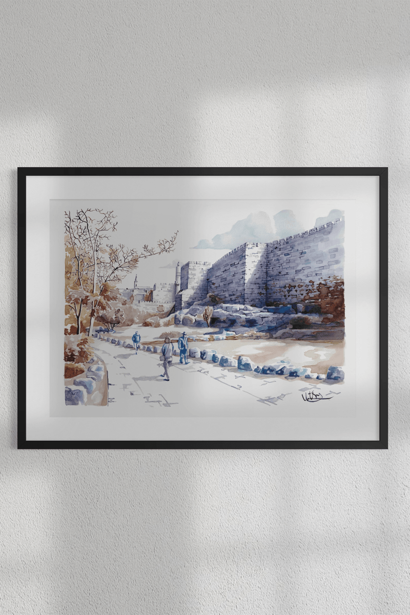 Original Along the Old City Walls ink painting framed in natural light, featuring Jerusalem’s ancient stone walls and historic atmosphere.