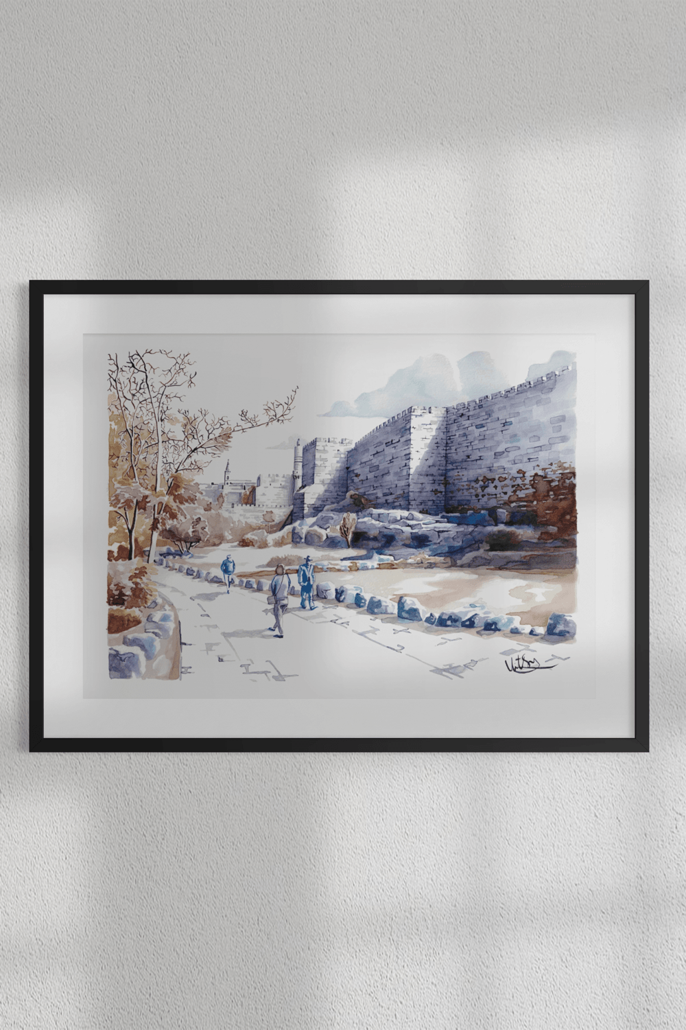 Original Along the Old City Walls ink painting framed in natural light, featuring Jerusalem’s ancient stone walls and historic atmosphere.