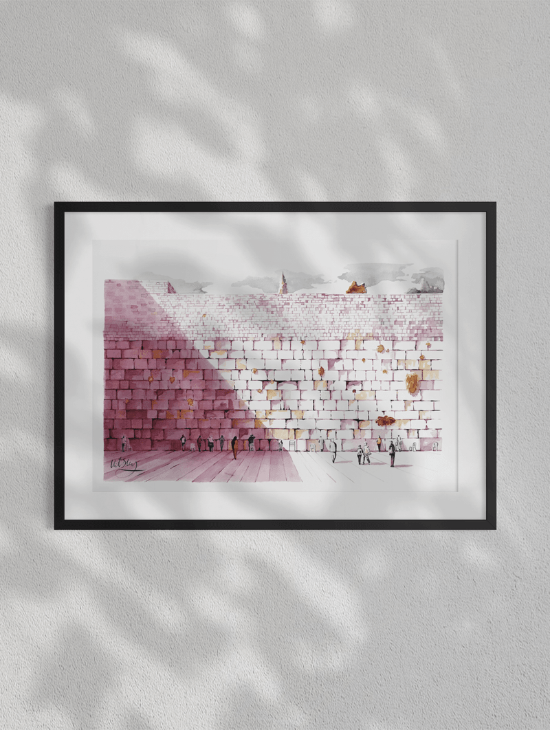 Original Western Wall ink painting framed in natural light, featuring Jerusalem stone architecture and sacred historic atmosphere.