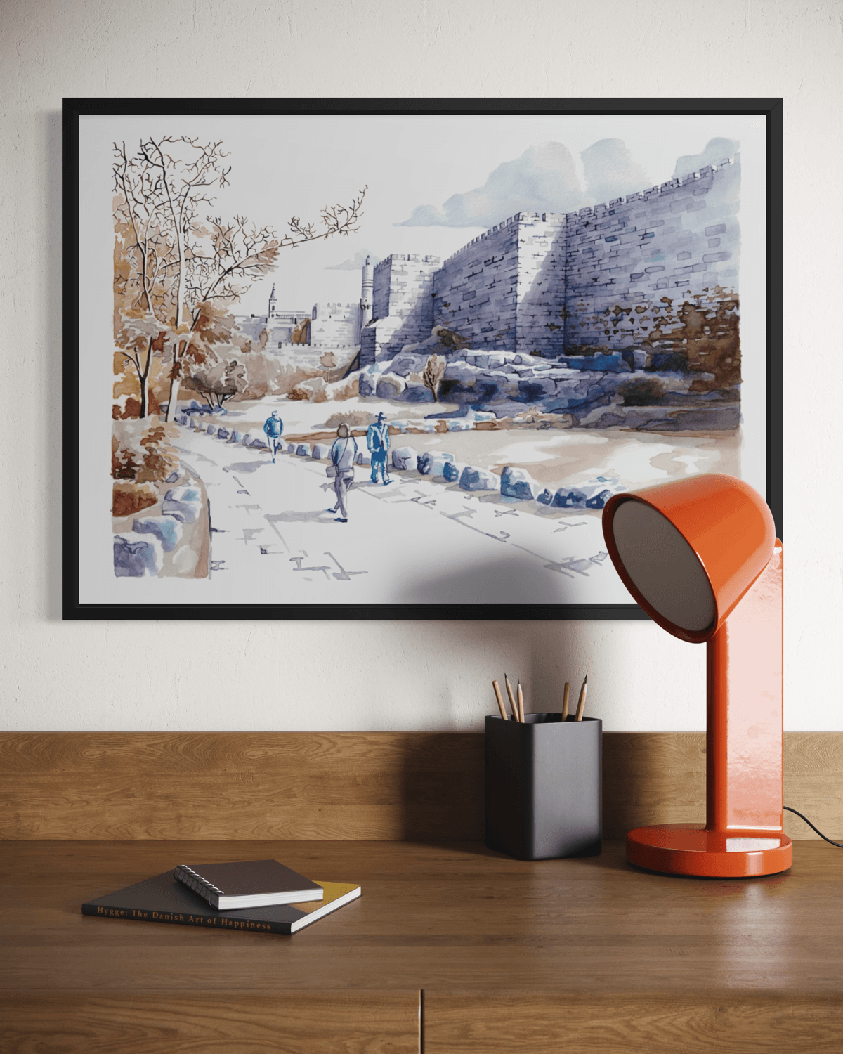 Jerusalem Old City walls art poster styled in an elegant interior.