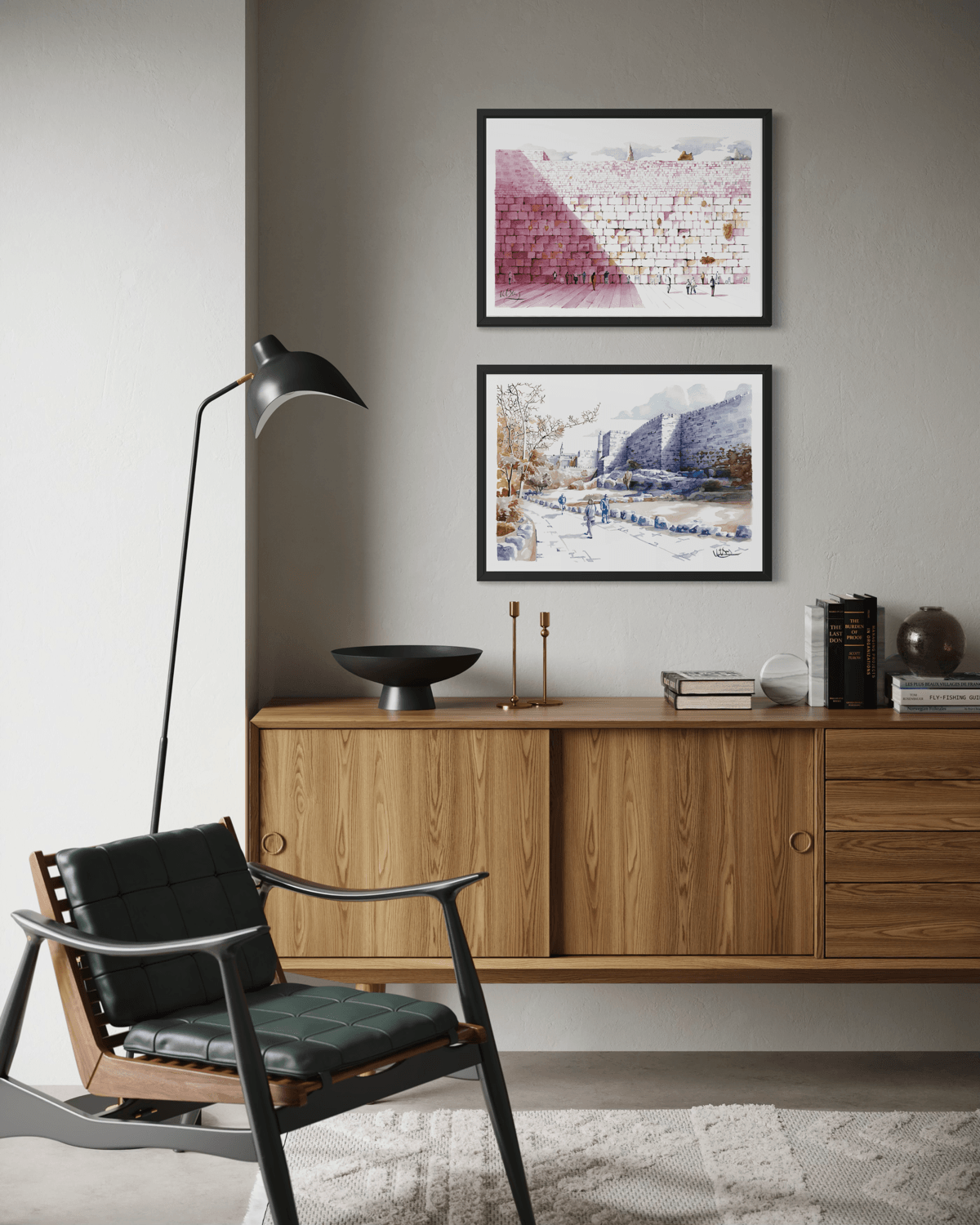 Framed Jerusalem wall gallery showing a view along the Old City walls in a refined hand-drawn architectural art style.