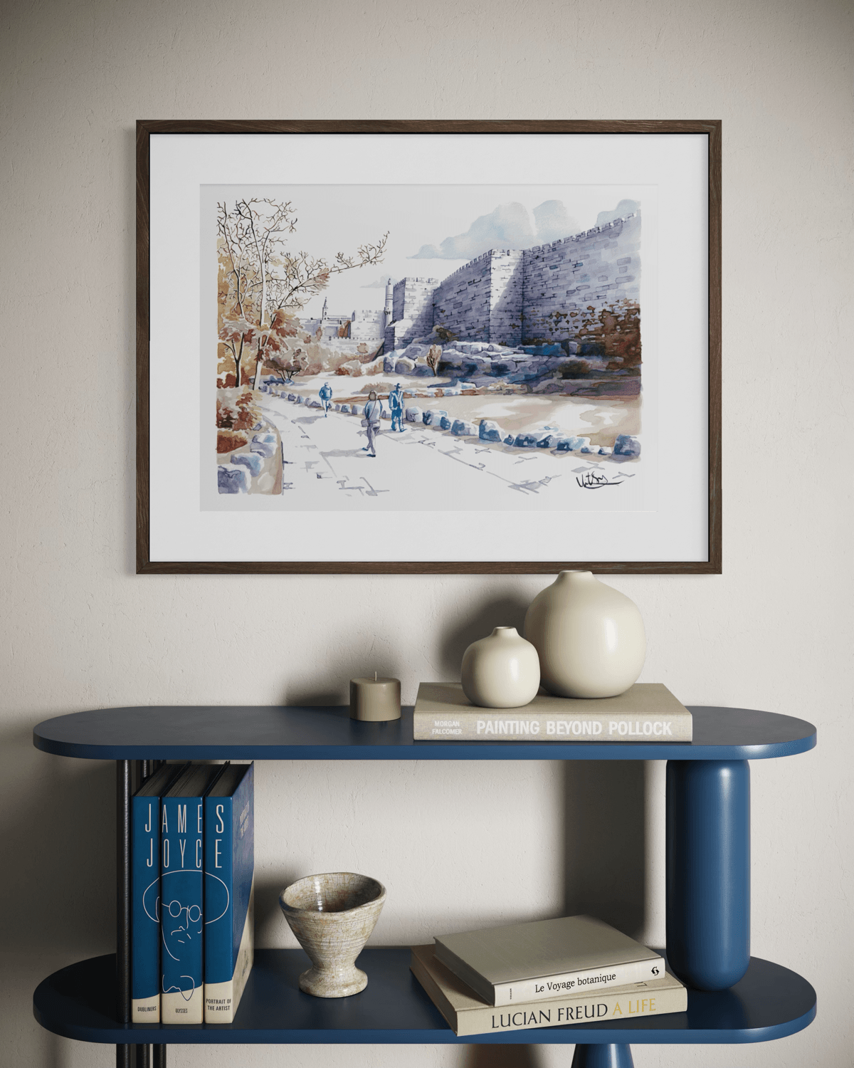 Framed Jerusalem print showing a view along the Old City walls in a refined hand-drawn architectural art style.
