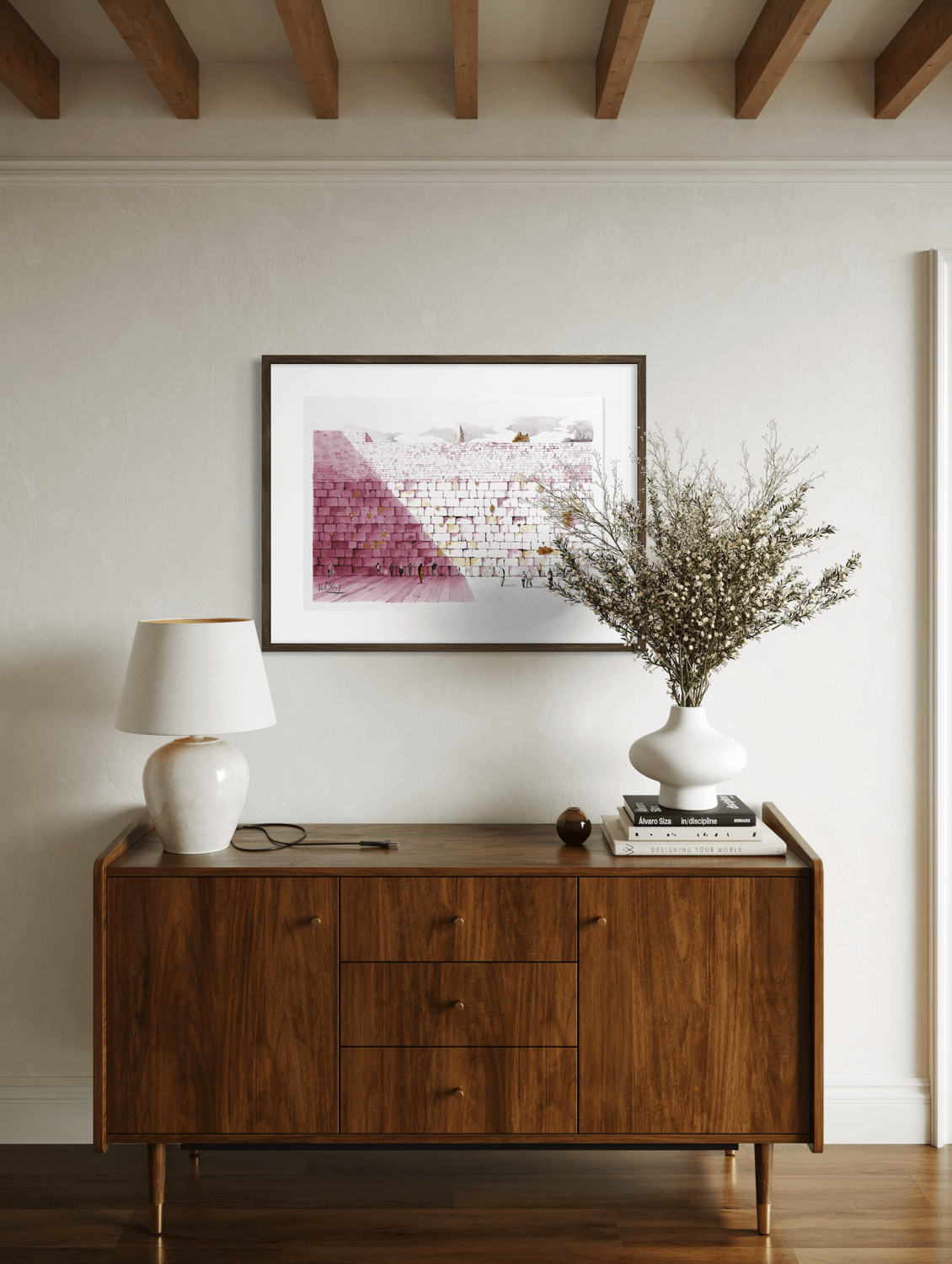 Minimalist Western Wall print styled in an elegant interior, inspired by Jerusalem history and sacred stone architecture