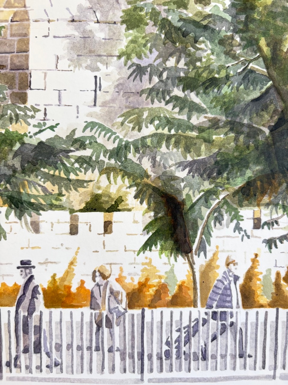 Close-up of the Tower of David original artwork showing ink linework, stone texture, architectural detail, and paper surface.