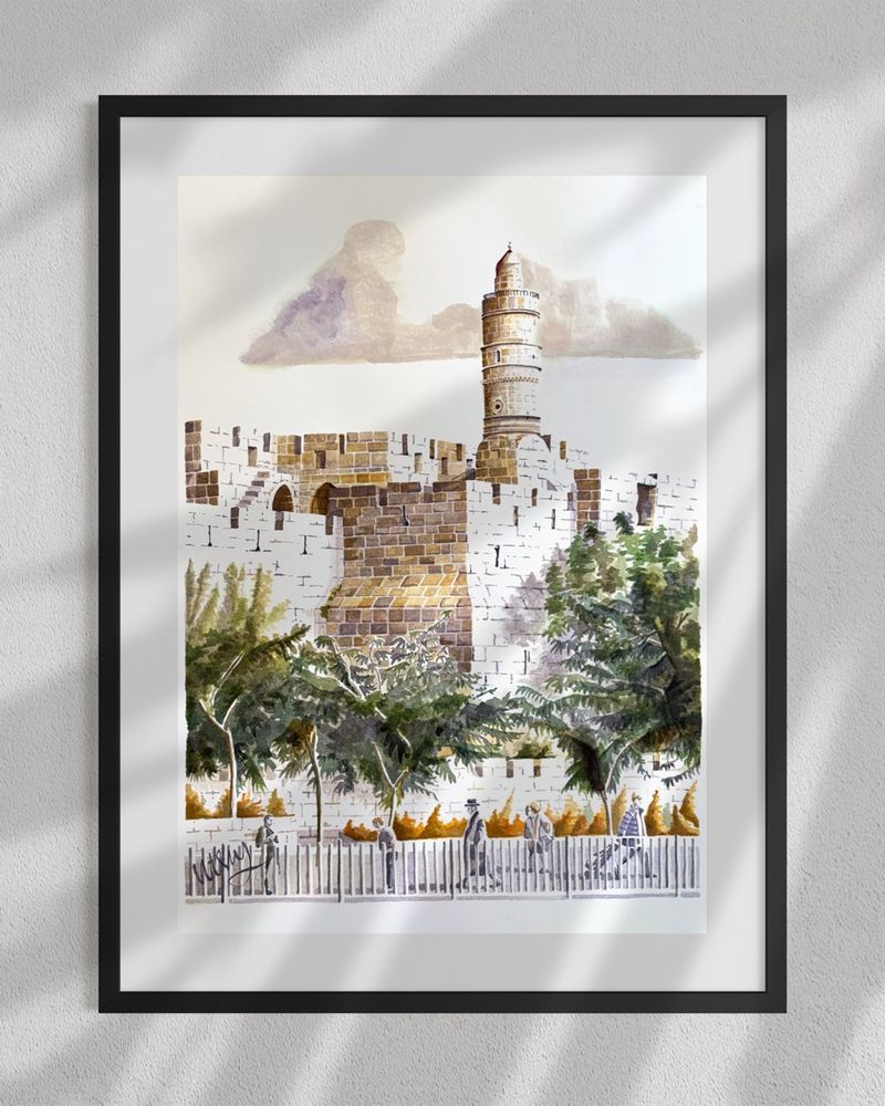 Original Tower of David ink painting framed in natural light, featuring Jerusalem stone architecture and historic city atmosphere.