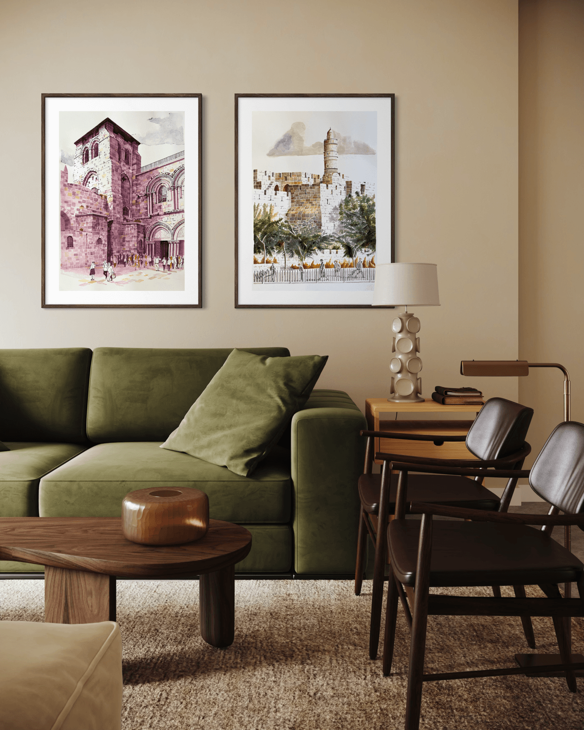 Minimalist Tower of David print styled in an elegant interior, inspired by Jerusalem history and stone architecture