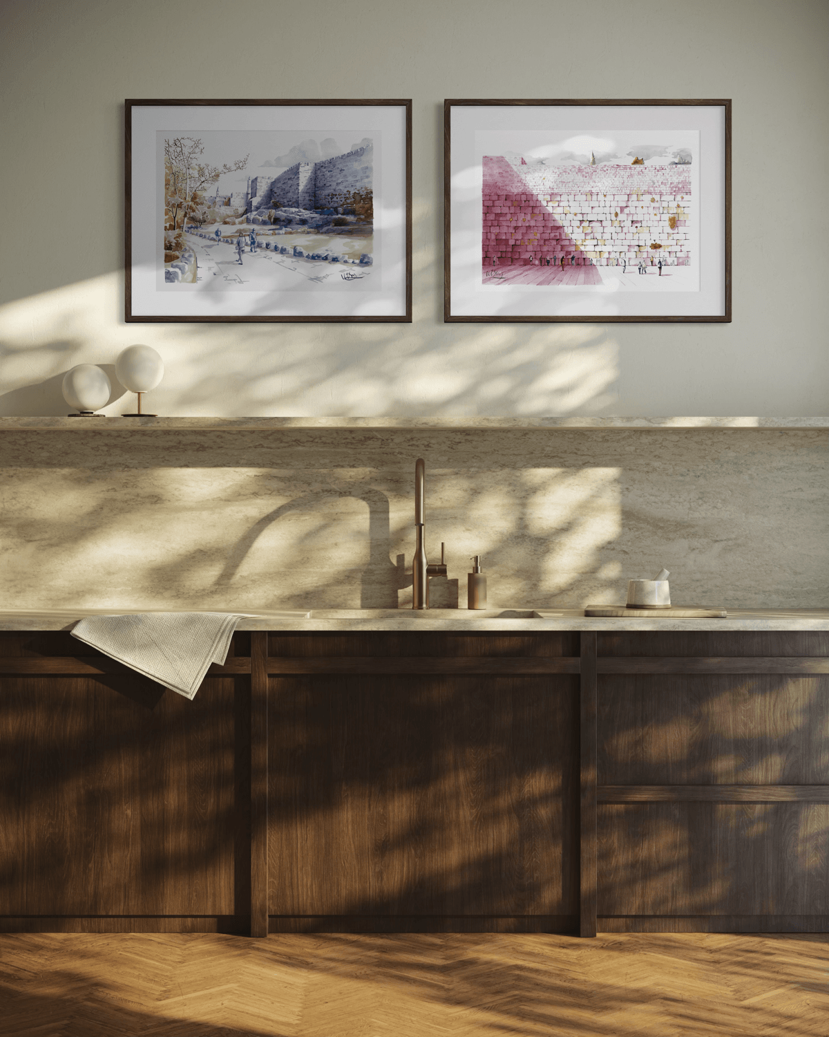 Framed Jerusalem architecture print styled in a refined interior with warm natural light